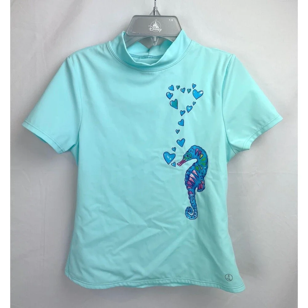 Lands’ End Girl L 14 Blue Short Sleeve Swim Suit Rash Guard Shirt Seahorse‎